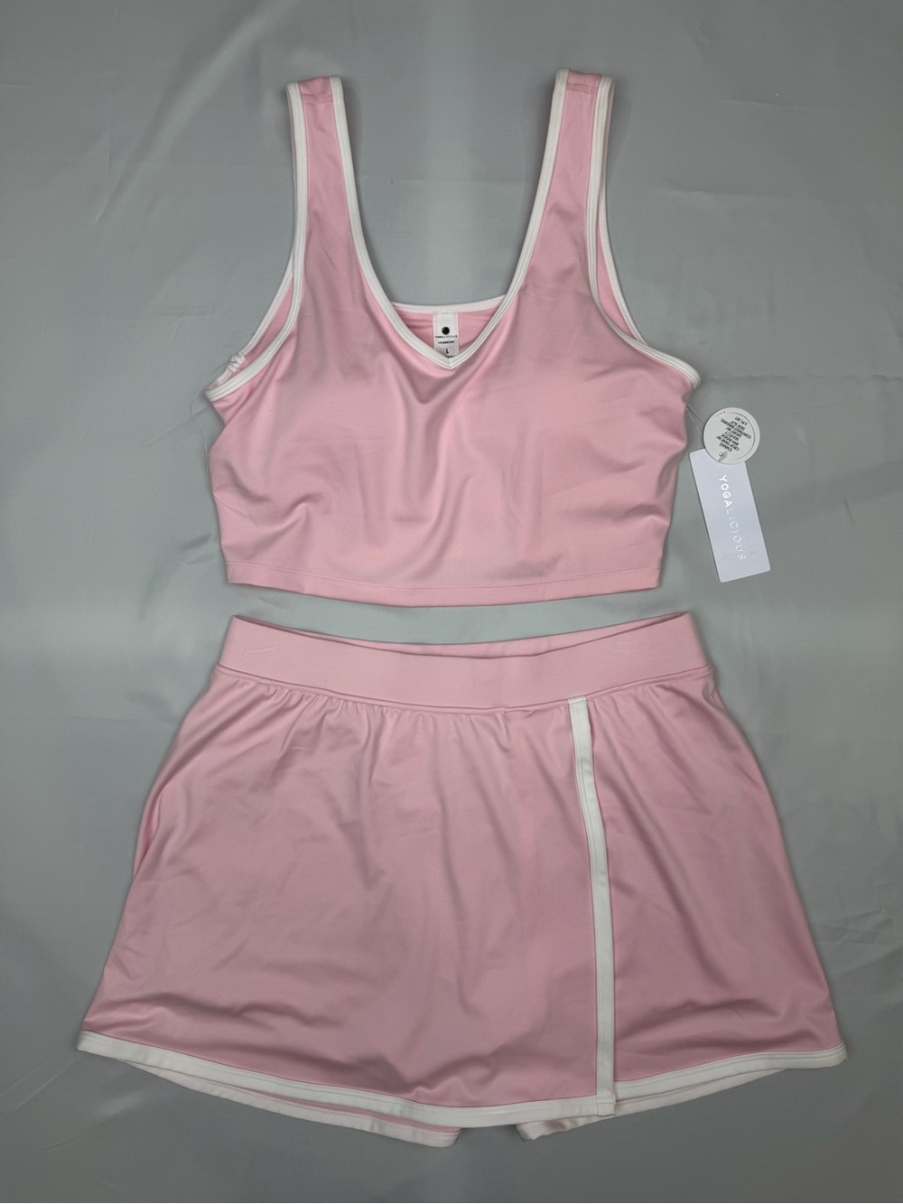 Yogalicious Light Pink Athletic Crop Top and Skort Set with White Trim